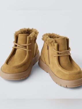 Zara Tan Faux-Shearling Lace Up Ankle Boots Boys Girls Size Euro 24, US 8 Tdlr